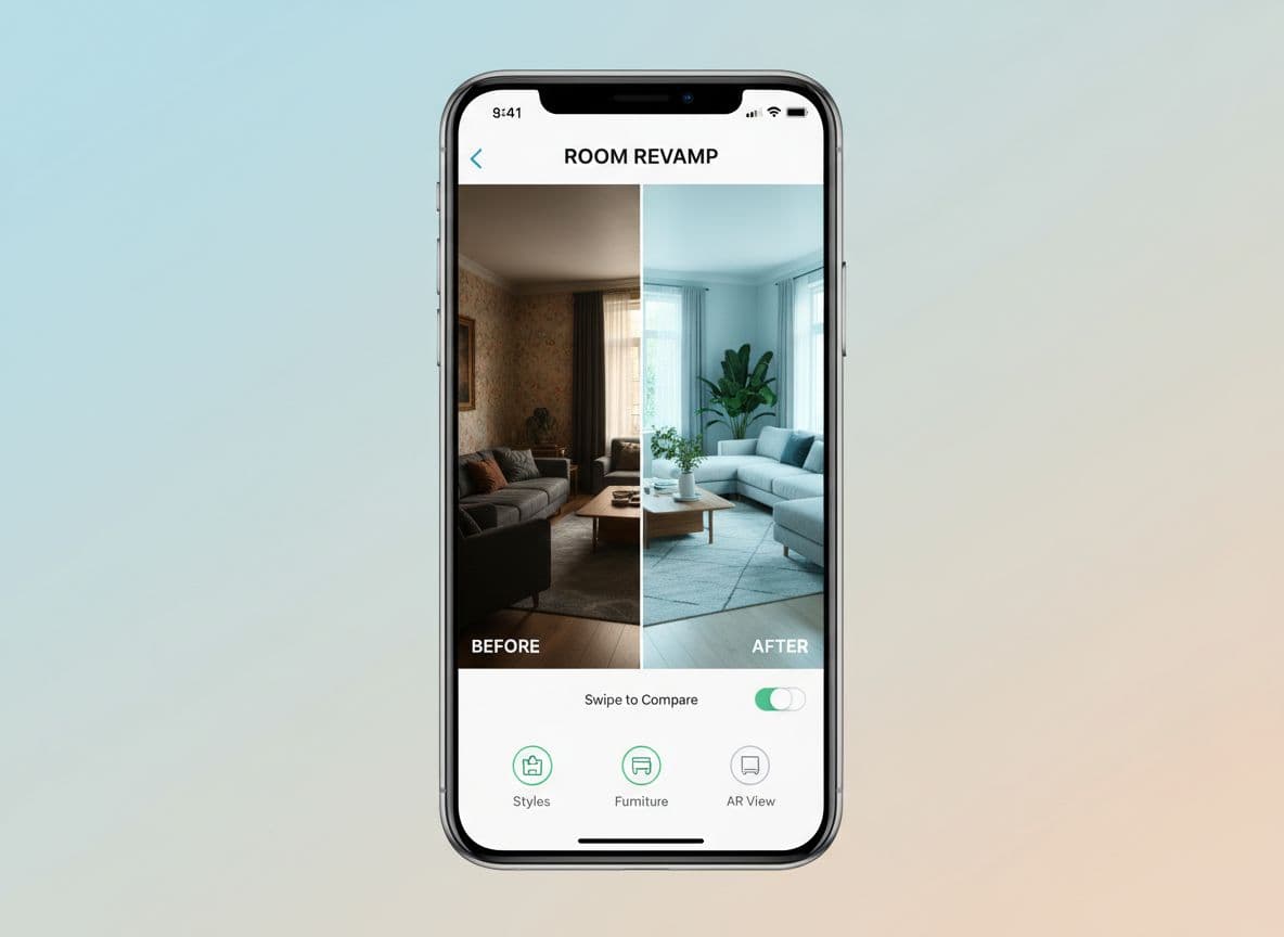 AI room makeover app interface showing before and after transformation preview