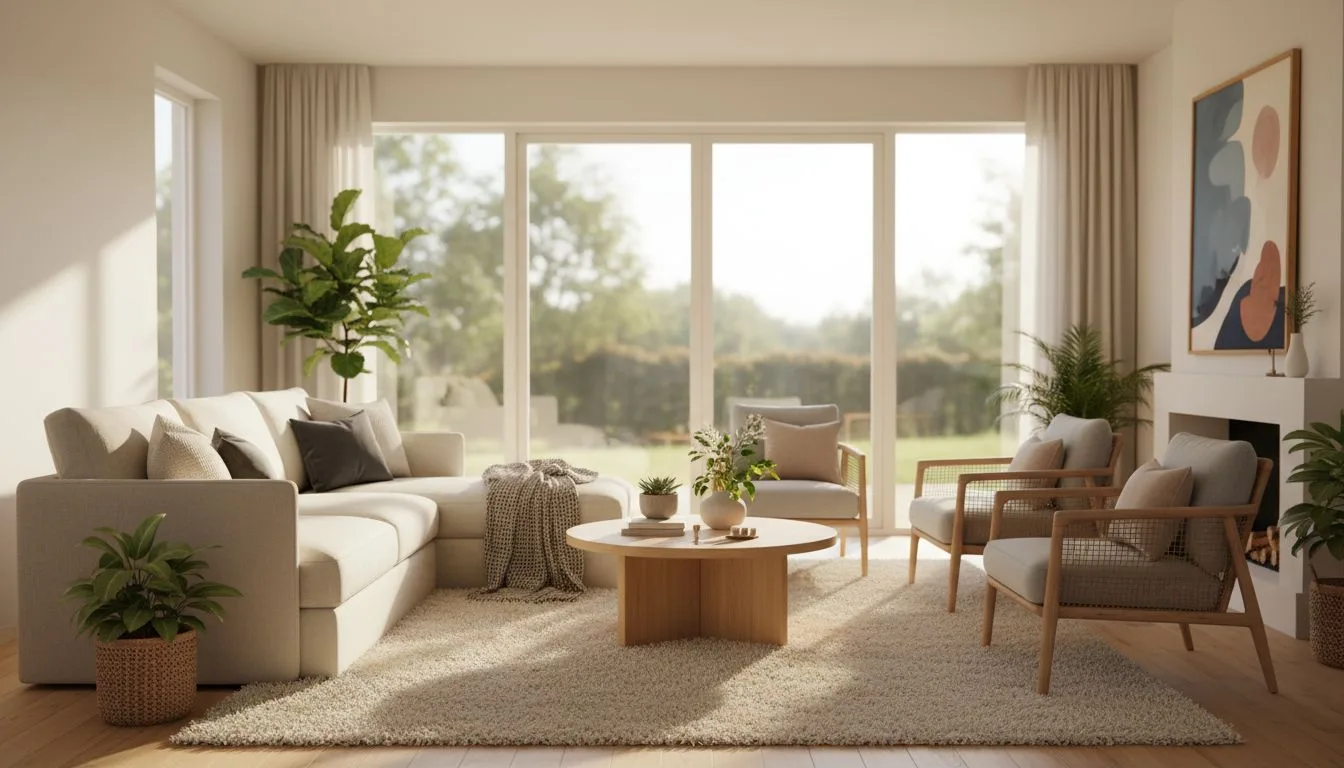 AI interior design app hero image showing a bright, beautifully redesigned living room