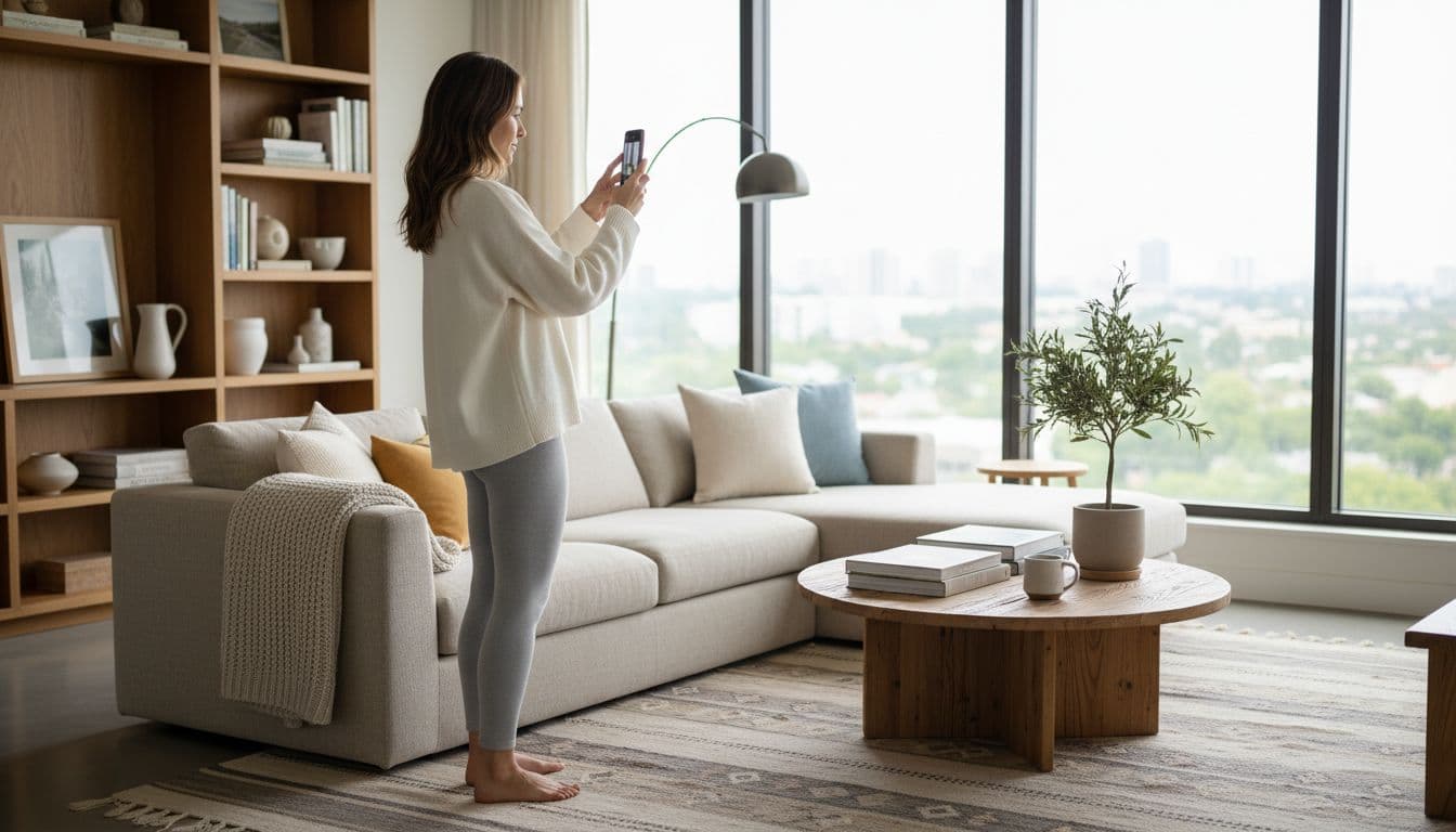 Woman taking a photo of her room to start an AI home design app makeover