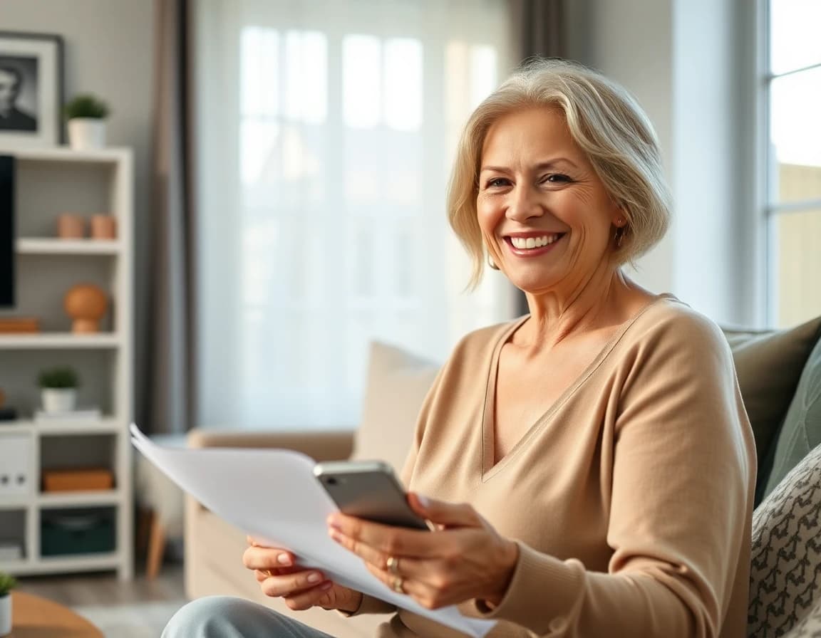 Woman using DecorAI app at home to plan interior design ideas